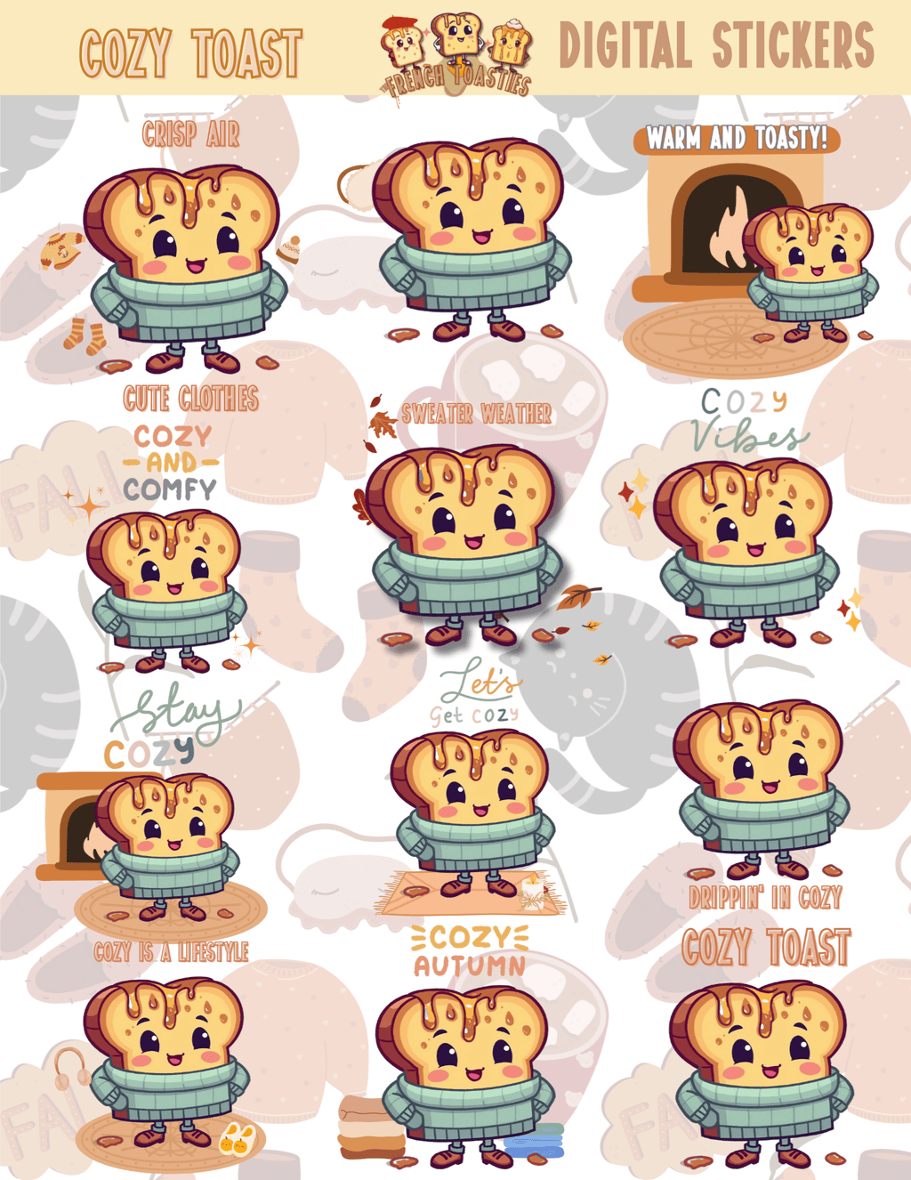 Cozy Toast French Toast Digital Sticker Set - Dozen - The French Toasties