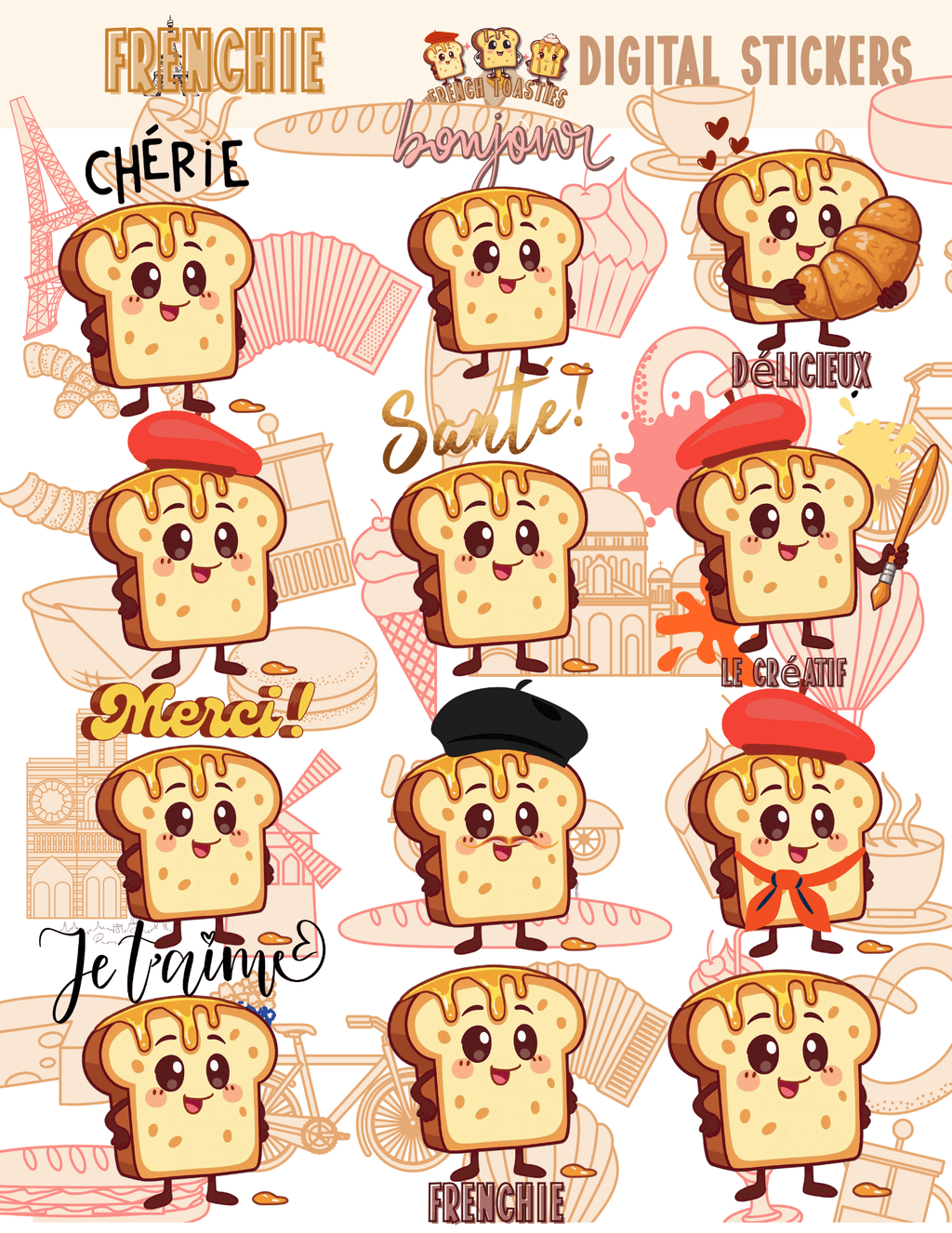 Frenchie French Toast Digital Stickers 12 Pack - The French Toasties