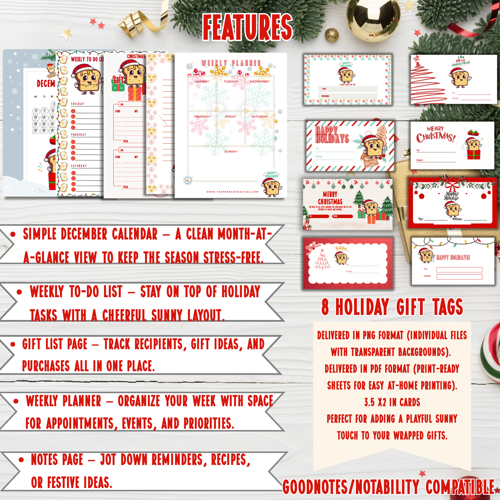 🎁 Holiday Sunny Essentials Bundle – Digital Weekly Planner, December Calendar & Gift Tags - The French Toasties