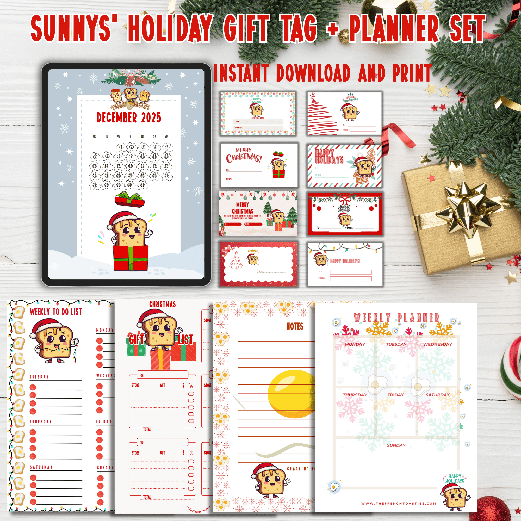 🎁 Holiday Sunny Essentials Bundle – Digital Weekly Planner, December Calendar & Gift Tags - The French Toasties