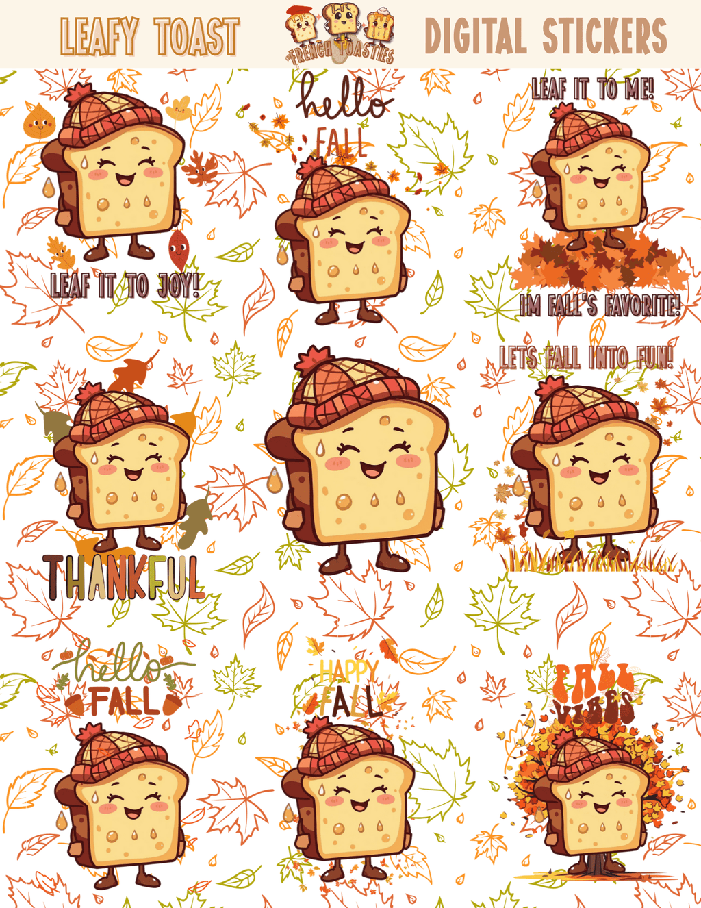 Leafy Toast French Toastie Digital Stickers - 9 pack - The French Toasties